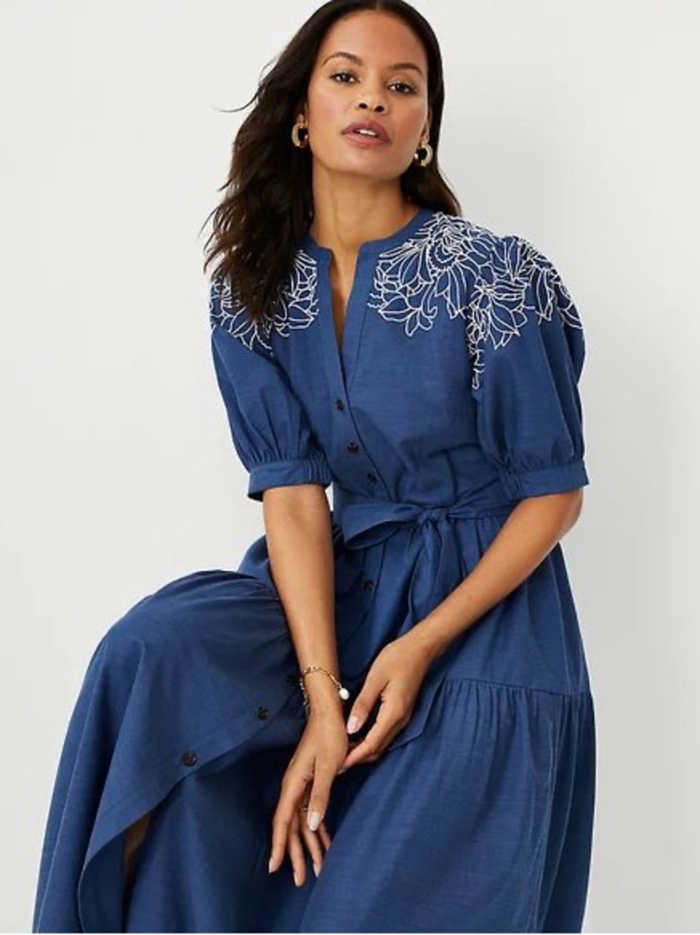 Ann Taylor Emeline Dress Hamilton Palm Embroidery in Blue Size Small
